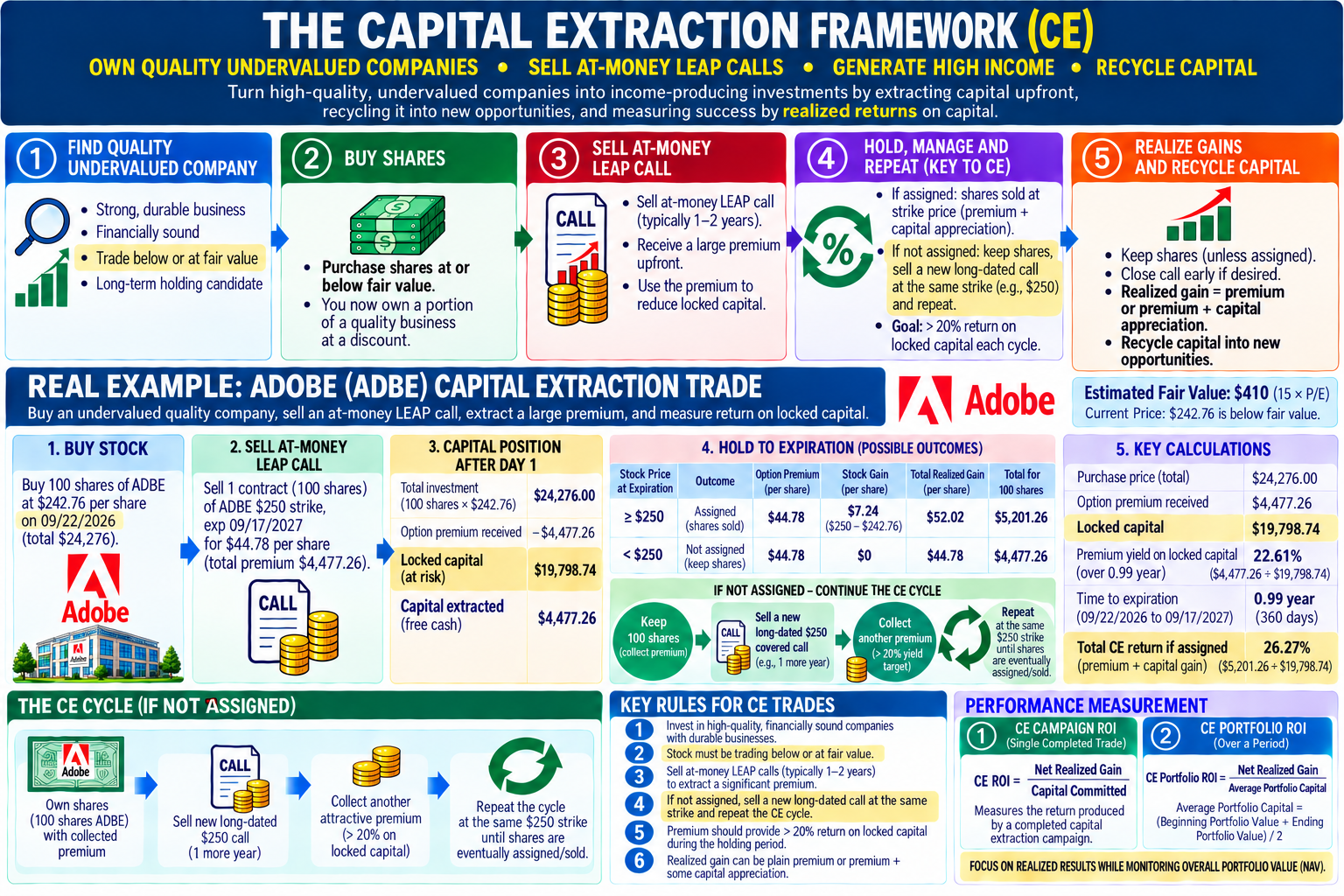 Capital Extraction Framework infographic with Adobe real-world example